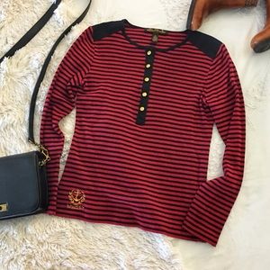 Ralph Lauren• logo crest gold button striped tee